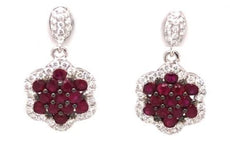 ESTATE 2.01CT DIAMOND & AAA RUBY 18KT WHITE GOLD 3D FLOWER HANGING EARRINGS