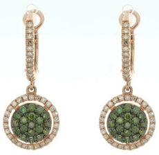 .74CT WHITE & GREEN DIAMOND 14KT ROSE GOLD FLOWER HALO CLIP ON HANGING EARRINGS