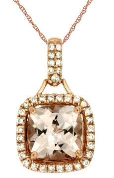 2.24CT DIAMOND & AAA MORGANITE 14KT ROSE GOLD 3D CUSHION & ROUND HALO PENDANT