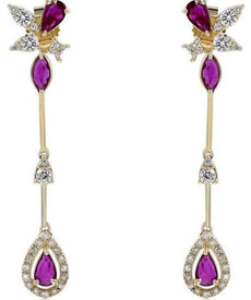 1.36CT DIAMOND & AAA RUBY 14KT YELLOW GOLD 3D PEAR SHAPE TEAR DROP LEAF EARRINGS