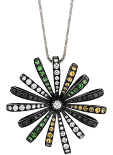 3.11CT MULTI COLOR DIAMOND & AAA TSAVORITE 18K WHITE & BLACK GOLD FLOWER PENDANT