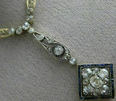 ANTIQUE LARGE 2.30CT DIAMOND & AAA SAPPHIRE 14KT TWO TONE GOLD NECKLACE #26434