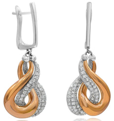 .70CT DIAMOND 14K 2 TONE GOLD 3D DOUBLE INFINITY LOVE LEVERBACK HANGING EARRINGS