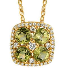 1.38CT DIAMOND & AAA PERIDOT 14KT YELLOW GOLD 3D FLOWER SQUARE FLOATING PENDANT