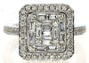 LARGE .94CT DIAMOND 18K WHITE GOLD ROUND & BAGUETTE CLUSTER HALO SQUARE FUN RING
