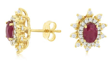1.45CT DIAMOND & AAA RUBY 14KT YELLOW GOLD OVAL & ROUND FLOWER SUNBURST EARRINGS