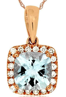 .96CT DIAMOND & AAA AQUAMARINE 14K ROSE GOLD CUSHION & ROUND SQUARE HALO PENDANT