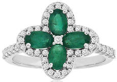 1.28CT DIAMOND & AAA EMERALD 14K WHITE GOLD ROUND & OVAL 4 LEAF CLOVER LOVE RING