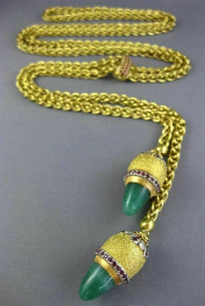 ANTIQUE LARGE & LONG 3.90CT DIAMOND & RUBY & JADE 18K 2TONE GOLD LARIAT NECKLACE