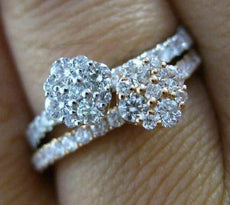 ESTATE .84CT DIAMOND 18KT WHITE & ROSE GOLD 3D DOUBLE FLOWER CLUSTER FUN RING