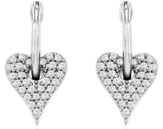 ESTATE .23CT DIAMOND 14KT WHITE GOLD 3D PAVE HEART SHAPE HUGGIE HANGING EARRINGS