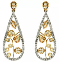ESTATE .70CT WHITE & FANCY YELLOW DIAMOND 14KT WHITE GOLD 3D TEAR DROP EARRINGS