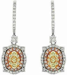 ESTATE 1.41CT WHITE FANCY YELLOW & PINK DIAMOND 14KT WHITE GOLD FLOWER EARRINGS