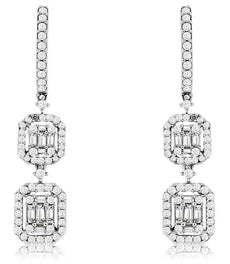 1.10CT DIAMOND 14KT WHITE GOLD ROUND & BAGUETTE DOUBLE SQUARE HANGING EARRINGS