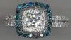 WIDE .98CT WHITE & BLUE DIAMOND 14K WHITE GOLD ROUND HALO SQAURE ENGAGEMENT RING