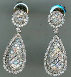 LARGE 3.07CT DIAMOND 14KT WHITE GOLD ROUND & PRINCESS TEAR DROP FLORAL EARRINGS
