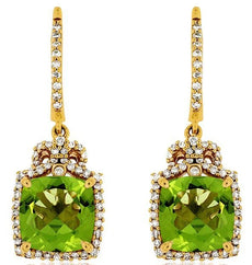 4.62CT DIAMOND & AAA PERDIOT 14KT YELLOW GOLD 3D CUSHION FLOWER HANGING EARRINGS