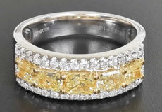 1.75CT WHITE FANCY YELLOW DIAMOND 18KT 2 TONE GOLD CUSHION HALO ANNIVERSARY RING