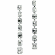 ESTATE 3.39CT ROUND & BAGUETTE DIAMOND 18K WHITE GOLD 3D SQUARE HANGING EARRINGS