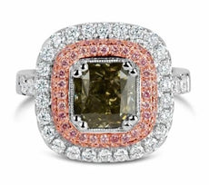 LARGE 3CT MULTI COLOR DIAMOND 18KT WHITE ROSE GOLD CUSHION HALO ENGAGEMENT RING