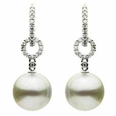 0.29CT DIAMOND & AAA SOUTH SEA PEARL 18K WHITE GOLD BEZEL HUGGIE HANGING EARRINGS