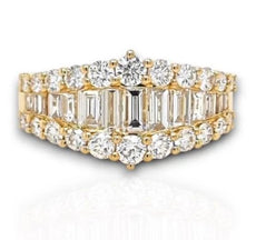 1.73CT DIAMOND 18KT YELLOW GOLD ROUND & BAGUETTE 3 ROW WEDDING ANNIVERSARY RING