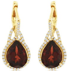 4.9CT DIAMOND & AAA GARNET 14KT YELLOW GOLD PEAR SHAPE & ROUND HANGING EARRINGS