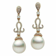 ESTATE LARGE 1.04CT DIAMOND & SOUTH SEA PEARL 18KT ROSE GOLD TEAR DROP EARRINGS