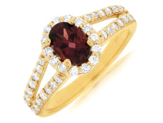 1.65CT DIAMOND & AAA RHODOLITE 14KT YELLOW GOLD OVAL ROUND FLOWER HALO LOVE RING