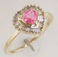 .88CT DIAMOND & AAA PINK SAPPHIRE 14KT YELLOW GOLD HEART SHAPE & BAGUETTE RING