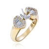 .64CT DIAMOND 18KT YELLOW GOLD 3D ROUND & BAGUETTE DOUBLE HEART SEMI MOUNT RING