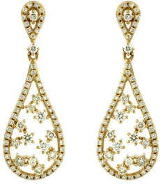ESTATE .93CT DIAMOND 14KT YELLOW GOLD TEAR DROP FLOWER CLASSIC HANGING EARRINGS