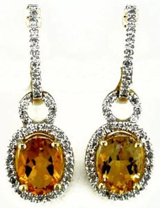 2.53CT DIAMOND & AAA CITRINE 14KT YELLOW GOLD OVAL & ROUND HALO HANGING EARRINGS