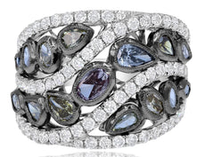 LARGE 3.25CT WHITE & MULTI COLOR MULTI SHAPE DIAMOND 18K WHITE & BLACK GOLD RING