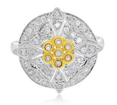 ESTATE .41CT DIAMOND 14KT 2 TONE GOLD 3D ROUND FLOWER FILIGREE CIRCULAR FUN RING