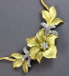 ANTIQUE LARGE .65CT DIAMOND 18KT 2 TONE GOLD HANDCRAFTED FLOWER NECKLACE #28049