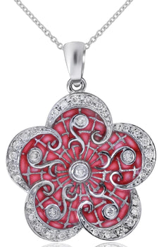 .27CT DIAMOND & RED ENAMEL 14KT WHITE GOLD FLOWER FILIGREE FUN FLOATING PENDANT
