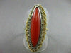 ANTIQUE MASSIVE 14K WHITE & YELLOW GOLD AAA CORAL ELONGATED COCKTAIL RING #22029