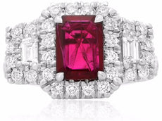 GIA CERTIFIED 2.66CT DIAMOND & AAA RUBY 18KT WHITE GOLD 3 STONE ENGAGEMENT RING