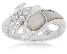 ESTATE .11CT DIAMOND & AAA MOTHER OF PEARL 14KT WHITE GOLD 3D DOLPHIN LOVE RING
