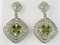 3.35CT DIAMOND & AAA LEMON QUARTZ 14K WHITE GOLD 3D CUSHION HALO SQUARE EARRINGS