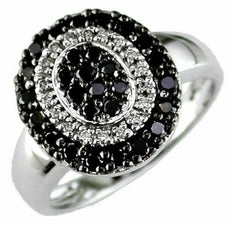 .64CT WHITE & BLACK DIAMOND 14KT WHITE GOLD 3D CLUSTER OVAL DOUBLE HALO FUN RING