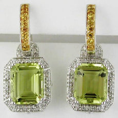 9.35CT DIAMOND & AAA LEMON QUARTZ 14KT WHITE GOLD 3D EMERALD CUT HALO EARRINGS
