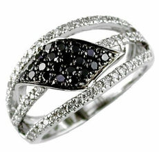 .61CT WHITE & BLACK DIAMOND 14KT WHITE GOLD CLASSIC PAVE THREE ROW LEAF RING
