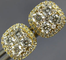 ESTATE LARGE 1.18CT DIAMOND 18K YELLOW GOLD 3D CLUSTER SQUARE HALO STUD EARRINGS