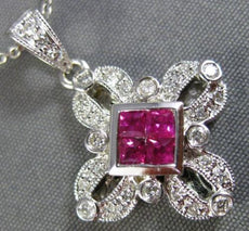 ANTIQUE .50CT DIAMOND & AAA RUBY 14KT WHITE GOLD FLOWER FILIGREE PENDANT #11718