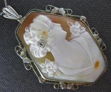 ANTIQUE LARGE .05CT DIAMOND 14KT WHITE GOLD 3D LADY CAMEO FLOWER PENDANT #21074