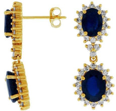 ESTATE 6.50CT DIAMOND & AAA SAPPHIRE 14KT YELLOW GOLD OVAL HALO HANGING EARRINGS