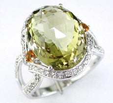 10.05CT DIAMOND AAA CITRINE & LEMON QUARTZ 14KT WHITE GOLD 3D OVAL HALO FUN RING