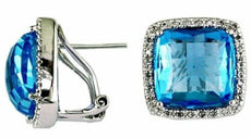 10.22CT DIAMOND & AAA BLUE TOPAZ 14KT WHITE GOLD 3D SQUARE HALO CLIP ON EARRINGS